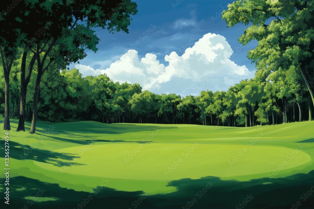 Animated Golf Course Landscape with Lush Green Grass and Trees Under a Bright Cloudy Sky Artwork