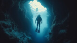 diver hovering inside a cave under water