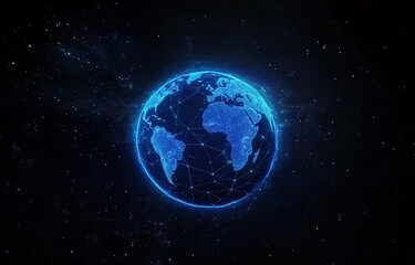 a glowing blue planet earth with light lines and dots on a black background, a futuristic technology