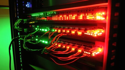 Aufkleber - Close-up of illuminated server rack with cables and network devices.