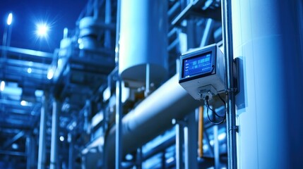 Aufkleber - Close-up of industrial digital display panel mounted on a wall in a factory at night.