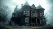 © PhotosAndGraphics - Gothic Victorian mansion, foggy atmosphere, eerie lighting, dark foreboding house, spooky architecture, turrets and towers, haunted appearance, misty background, bare trees, moody color palette, aband