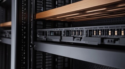 Aufkleber - Close-up of server rack with hardware components and wooden shelf.