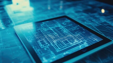 Fototapete - Close-up of tablet displaying digital blueprint.