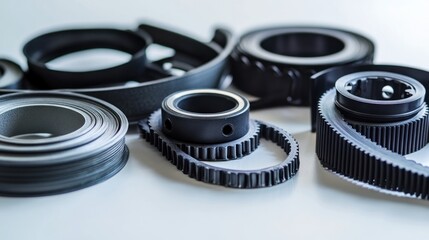 Poster - Close-up of various black industrial machine parts and belts on a white surface.