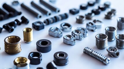 Aufkleber - Close-up of various metal and plastic fasteners, nuts, bolts, and screws on a white background.