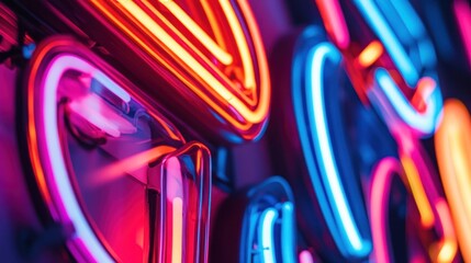 Aufkleber - Close-up of vibrant neon signs with red, pink, and blue glowing tubes.
