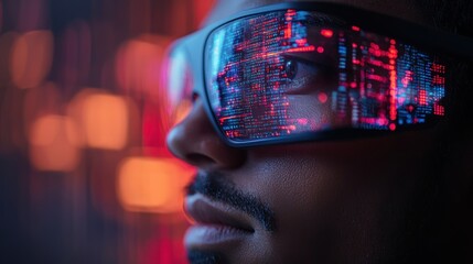Poster - Close-up profile of a man wearing futuristic glasses displaying digital code.