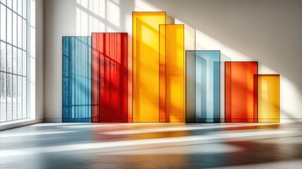 Fototapete - Colorful glass bar graph in modern, sunlit room.