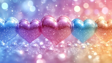 Fototapete - Colorful glossy hearts on sparkling background.