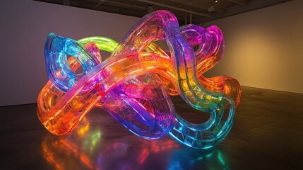 Poster - Colorful, illuminated, translucent sculpture in modern art gallery.
