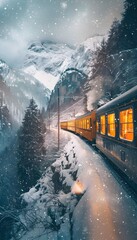 Leinwandbilder - A train speeding through a snow-covered mountain pass, golden light from the windows cutting through the darkness, cinematic adventurous journey