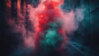 © Anastasiya Ri - Vibrant red and green smoke cloud billowing in dark urban alley at night, symbolic street scene representing Juneteenth freedom celebration, dramatic atmospheric contrast and festival vibe