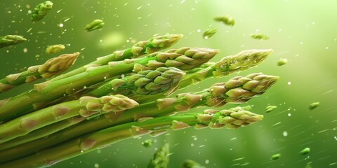 Wall Mural - Flying asparagus bundle, without splashes, on a soft green background