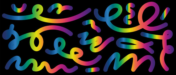 Abstract swirling neon shapes set on black, Linear rainbow fluid spirals, Vector illustration.