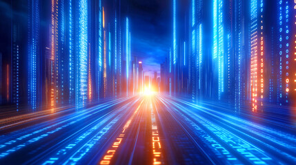 Wall Mural - a futuristic urban landscape unfolds with glowing streams of binary code in vibrant blue and orange.