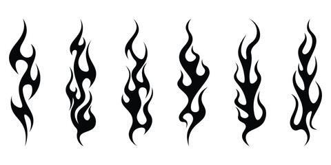 Silhouette Fire flames. Old school tattoo neo-tribal style or silhouette flame for cars. set vector icons. Fire sign. Fire flame icon isolated on white background. Vector illustration