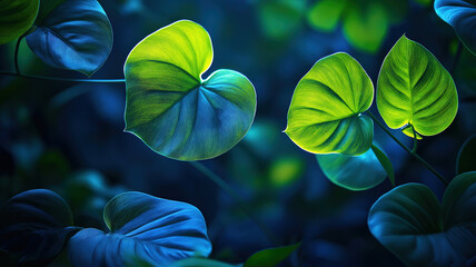Wall Mural - Tropical leaves illuminated with blue and green light, creating a vibrant and exotic ambiance