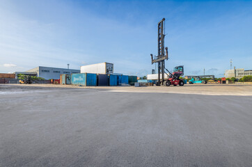 Aufkleber - Cargo container yard with forklift and storage building