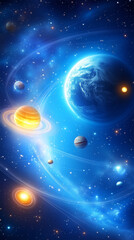 Wall Mural - A captivating view of the cosmos showcases various planets orbiting a radiant star. Deep blue hues dominate the background, illuminating the vastness of space and celestial bodies