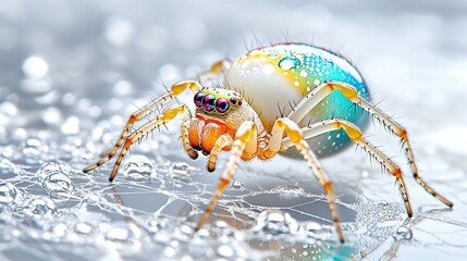 Vibrant Rainbow Spider on Dew Kissed Web Macro Photography Colorful Insect Closeup