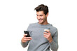 © luismolinero - Young handsome caucasian man over isolated background holding coffee to take away and a mobile