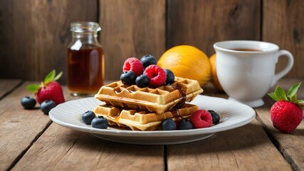 Wall Mural - Waffles with Fresh Fruit and Syrup on white plate, wood background