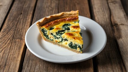 Wall Mural - Quiche with Spinach and Cheese on white plate, wood background
