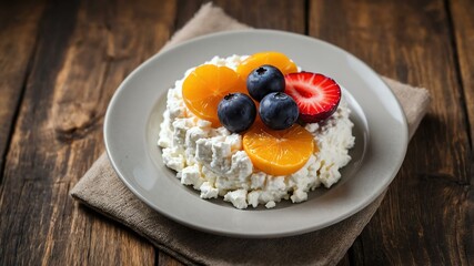 Wall Mural - Cottage Cheese with Fruit on white plate, wood background