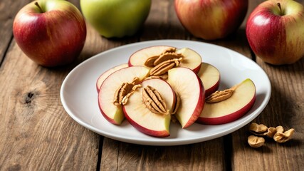 Wall Mural - Apple Slices with Peanut Butter on white plate, wood background