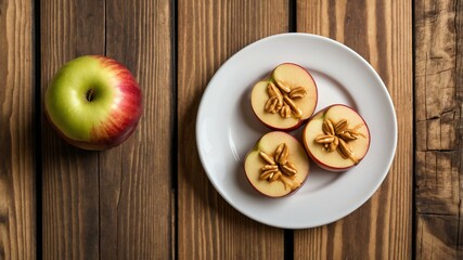 Wall Mural - Apple Slices with Peanut Butter on white plate, wood background