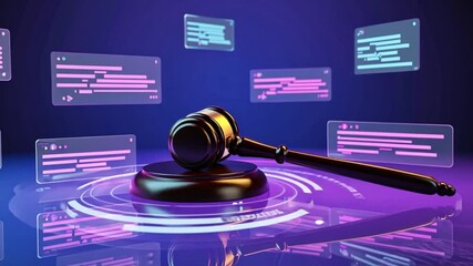 Digital law and justice concept with gavel and floating code windows