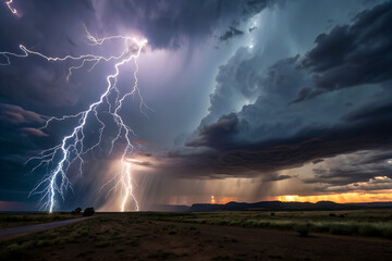 Wall Mural - lightning storm displays powerful bolts, a dramatic sky, and evokes a feeling of awe and reverence for raw power of nature