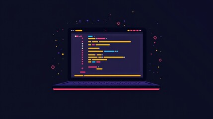 Brightly colored code appears on a laptop screen in a dark setting, reflecting the creativity of programming. This digital workspace symbolizes modern software development