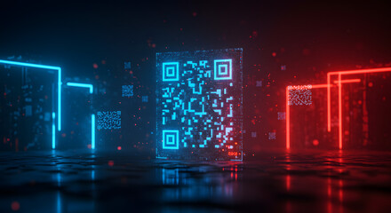 glowing qr codes in a futuristic setting with neon lights and reflective surface creating a modern l