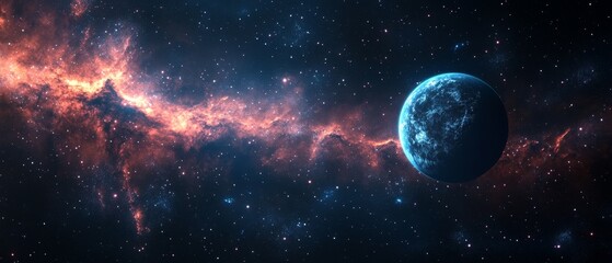 A blue planet is floating in the middle of a starry sky