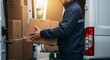 © rdkcho - Delivery Man Unloads Cardboard Boxes from a Van, Logistics and Transportation Service Concept