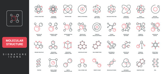 molecular structure and chain, nucleus and electrons of atom, chemical molecule model line icon set.