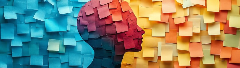 an abstract illustration of colorful sticky notes and a head silhouette, symbolizing the organizatio