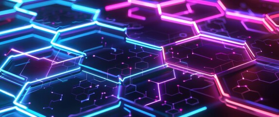 Artistic blockchain interpretation glowing hexagons, digital paths, neon lights, clean futuristic design illuminate the digital landscape.
