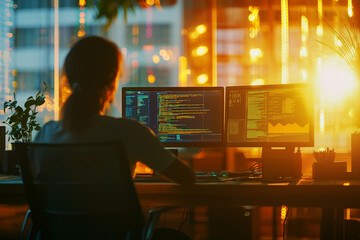 Woman programmer working late night on computer code projects web data desk dark light coding screen
