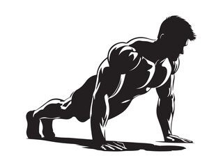 bodybuilder performing push-up black and white silhouette vector illustration