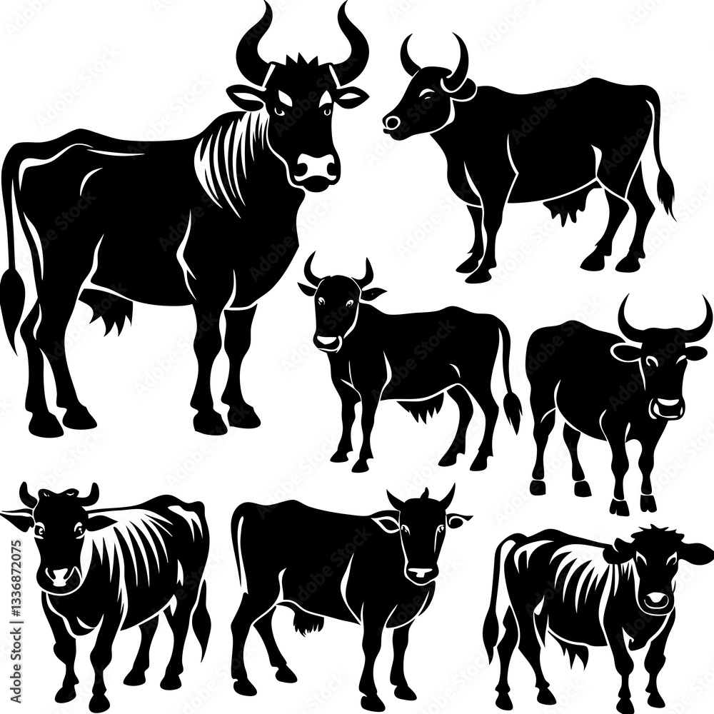 Cows and Bull Silhouettes Set: Farm Animal Vector Illustration Stock ...