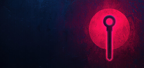 Fototapete - key symbol against dark background, illuminated by vibrant red circle, evokes sense of mystery and intrigue. This represents themes of travel, restrictions, approval, and concept