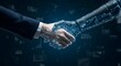 © youns - Un hombre de negocios y un robot se dan la mano para hablar sobre innovación tecnológica, avances en el aprendizaje automático y alianzas con la futura Inteligencia Artificial General.