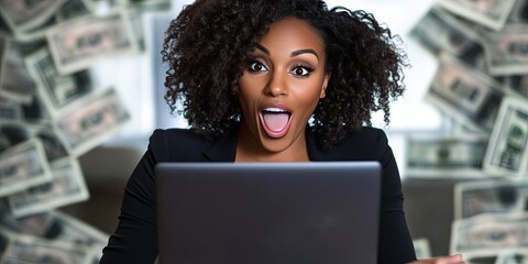 Wall Mural -  lottery winner female entrepreneur using laptop 