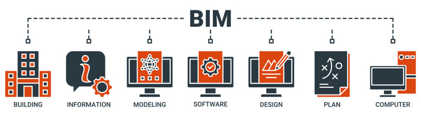 BIM banner web icon vector illustration concept for building information modeling with icon of building, information, modeling, software, design, plan and computer icons. Solid color symbol background