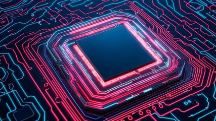 Wall Mural - this vibrant digital illustration showcases a futuristic circuit board with a glowing neon processor