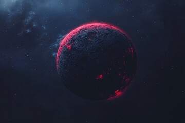 a red and black planet appears in the night sky, with stars shining around it