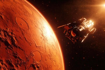 Wall Mural - a futuristic space station orbits above the surface of a vibrant red planet, with rocky terrain and 